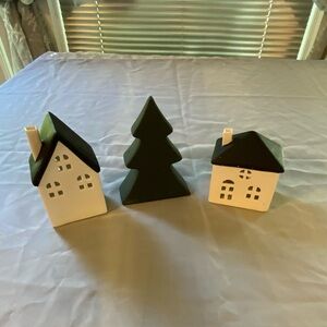 Ceramic House and Tree Decor Set. Cute for holiday on the mantle or table